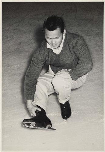 (ICE SKATING) Album with approximately 185 jolly photographs capturing elegant skaters gliding, springing, and pirouetting across the i